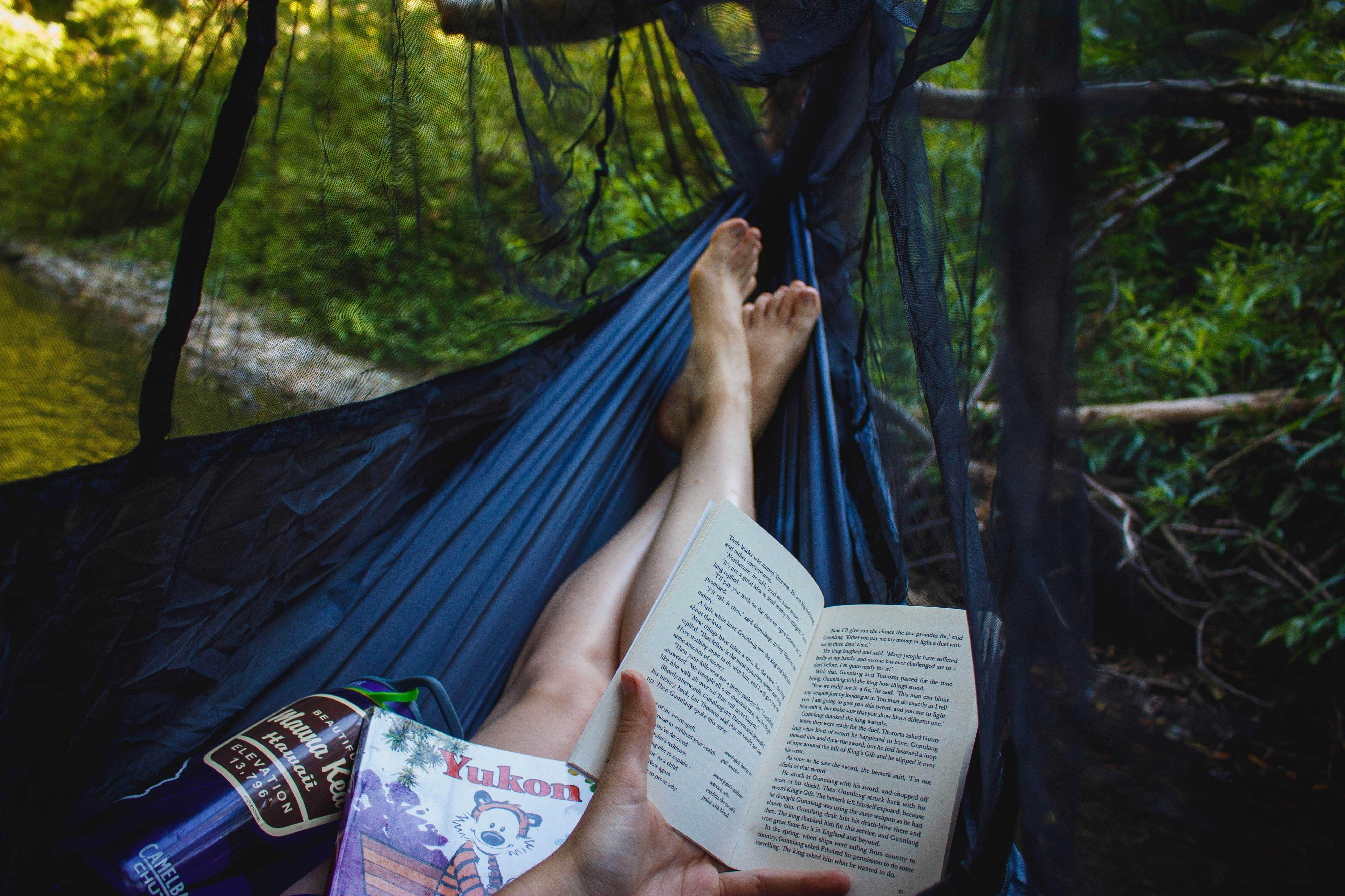 Person reading a book at sunset in a hammock in the woods.