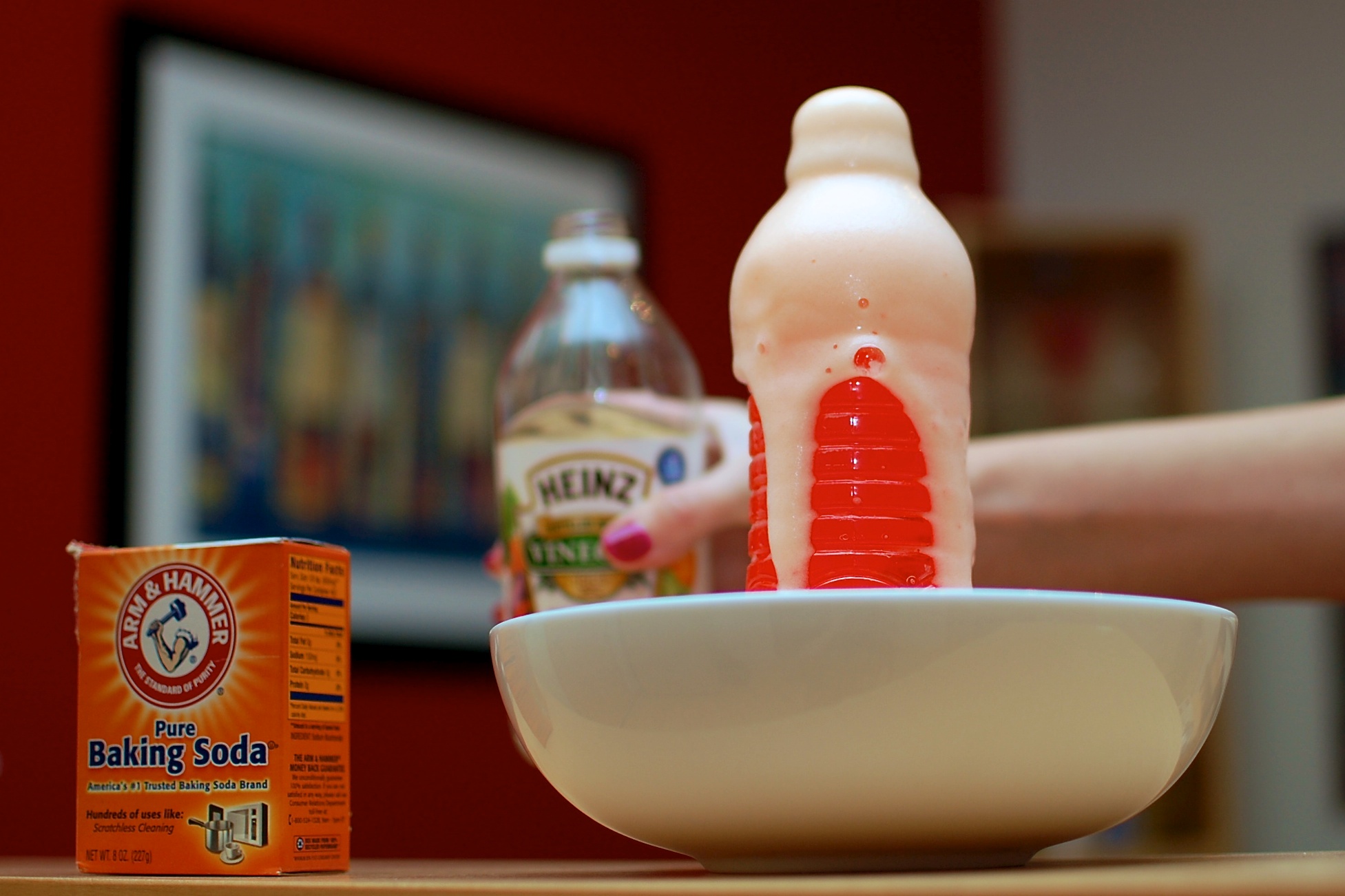 Baking soda and vinegar volcano.