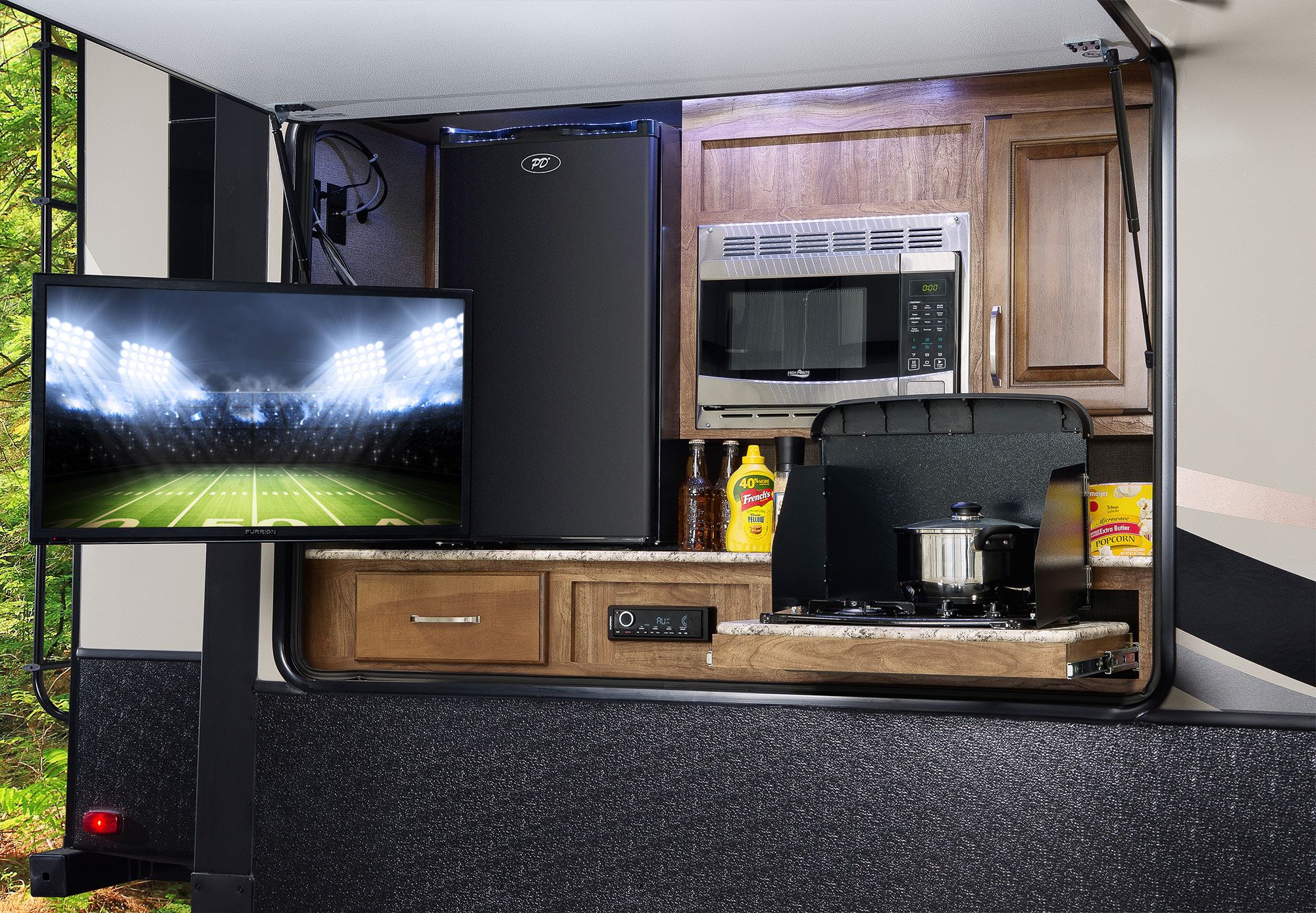 travel trailer with outdoor kitchen and fireplace